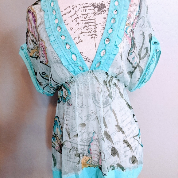 Glitter Butterfly Sheer V-Neck Top - Picture 2 of 3